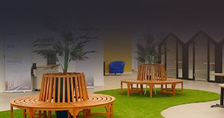 Interior view of a room with seats and colourful surroundings