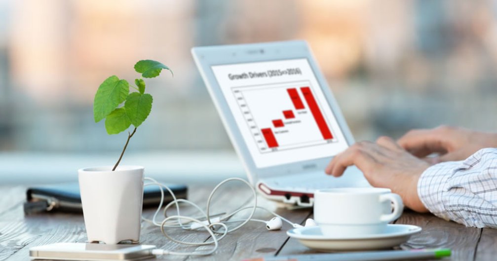 Laptop screen displaying a growth chart with red bars showing positive trend, alongside a small plant symbolising growth and potential.